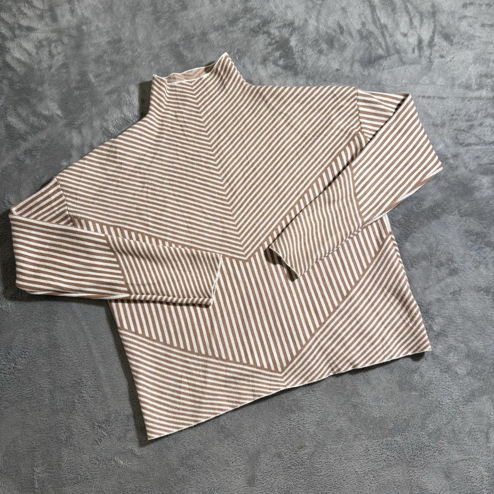 Tahari Striped Mock Neck Cropped Sweater Long Sleeve Beige Women's Size S